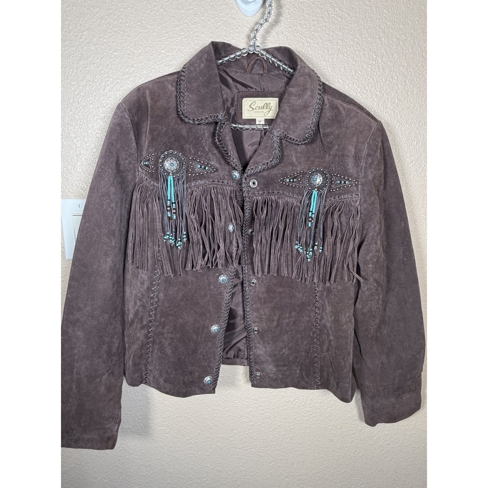 Scully XL Brown Suede Fringe Western Jacket Turquoise Beaded Cowgirl Rodeo